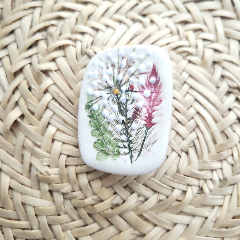 Vintage Pressed Floral Ceramic Brooch Pin